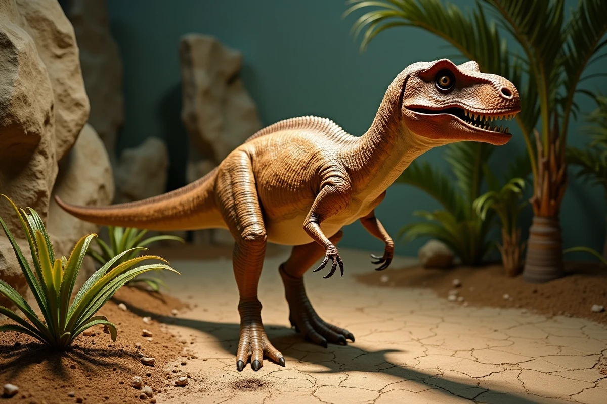 Reconstitution réaliste d'un Velociraptor dans un diorama naturaliste représentant le Crétacé