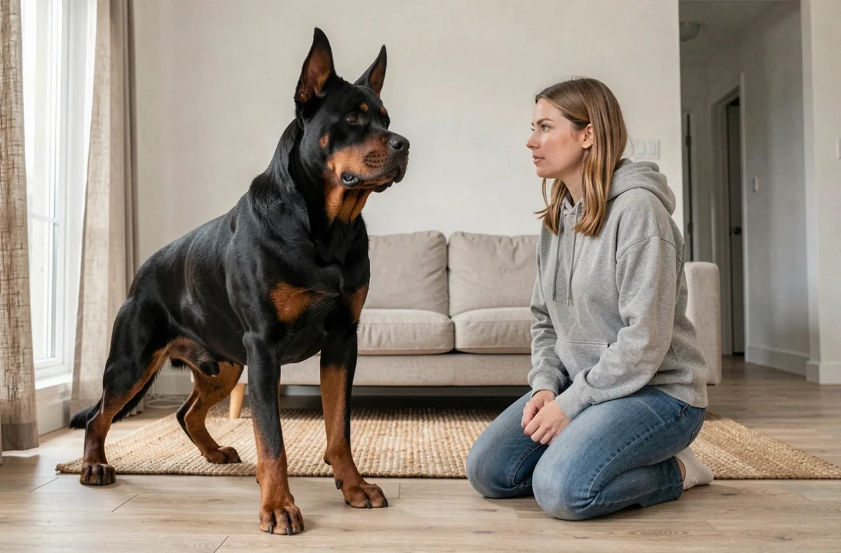 Femme gérant le comportement dominant d'un Rottweiler à l'intérieur d'un appartement
