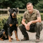 Dresseur expérimenté en séance d'éducation avec un Rottweiler dominant en extérieur