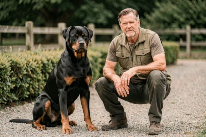 Dresseur expérimenté en séance d'éducation avec un Rottweiler dominant en extérieur