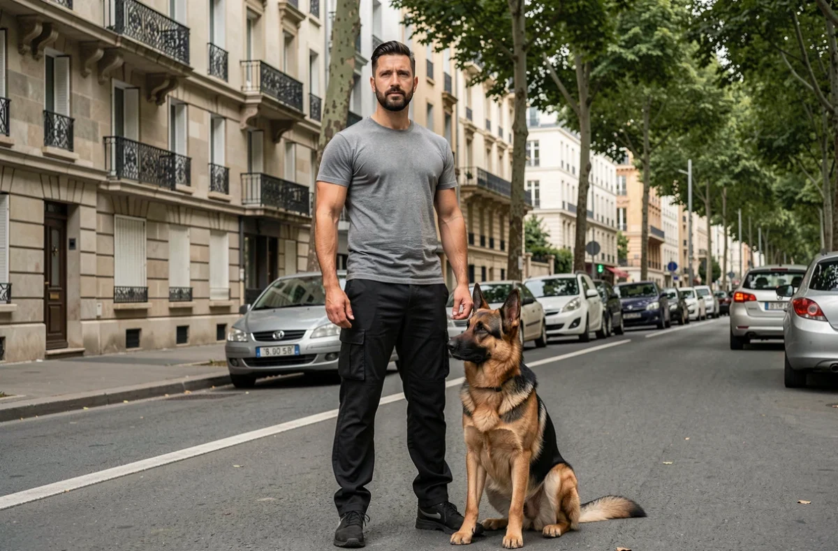 Saadoun Ilias, éducateur canin à Aulnay-sous-Bois, avec un berger allemand en position de heel dans une rue résidentielle
