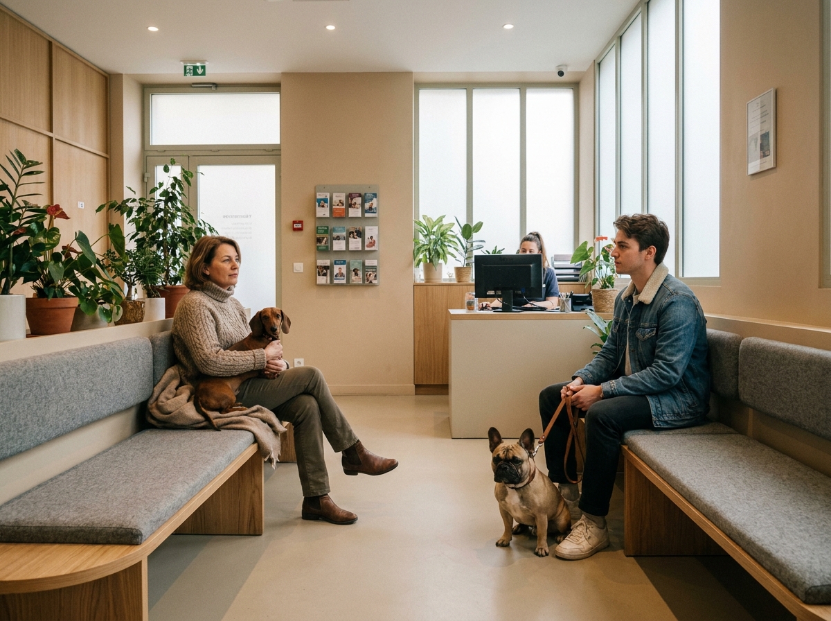 Salle d'attente d'une clinique vétérinaire parisienne avec des propriétaires et leurs chiens