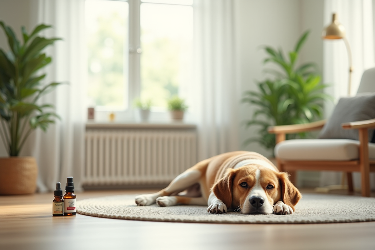 Salon lumineux avec chien et spray huiles essentielles