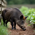 Sanglier fouillant le sol en bordure d'un jardin potager avec des crottes visibles sur le terrain