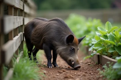 Sanglier fouillant le sol en bordure d'un jardin potager avec des crottes visibles sur le terrain