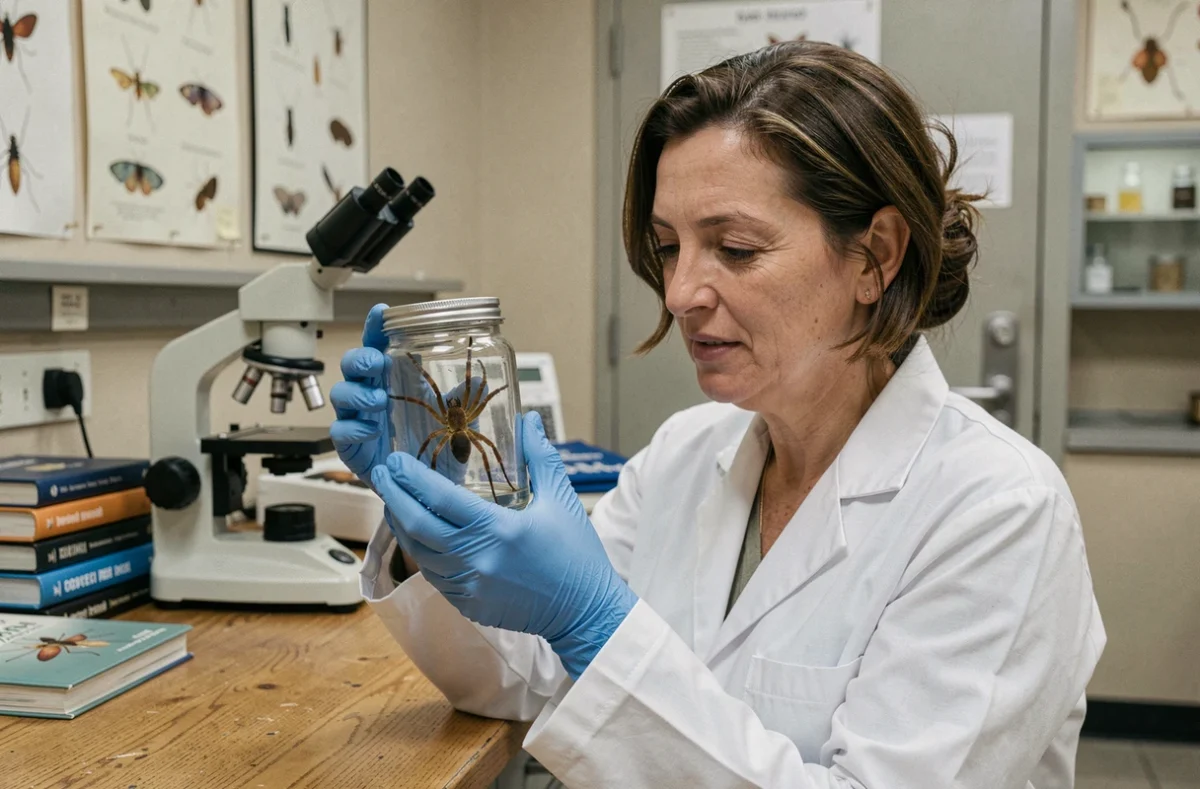 Scientifique examinant un spécimen d'araignée invasive en laboratoire entomologique, étude des espèces arachnéennes du sud de la France