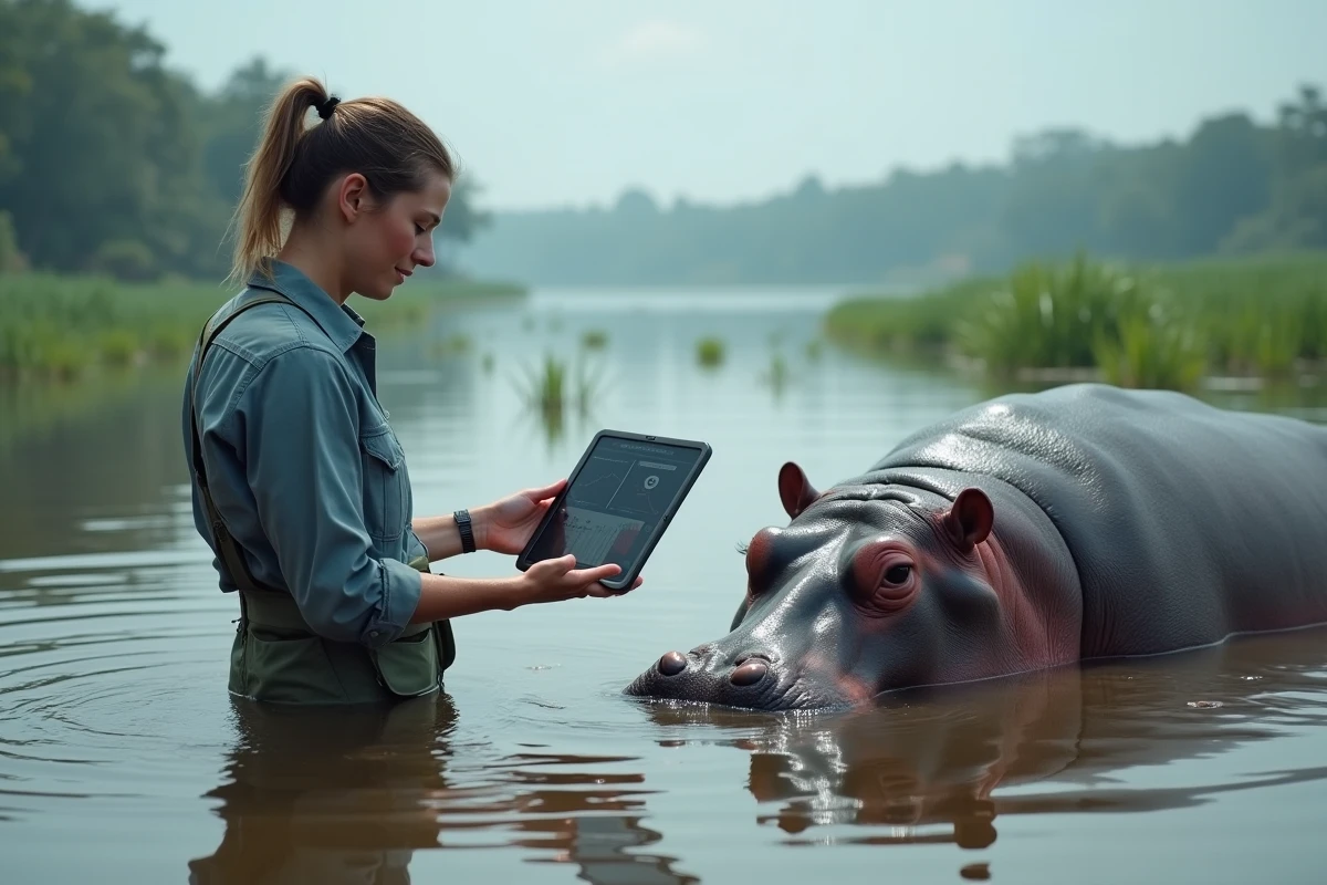 Scientifique féminine relevant des données biométriques sur une tablette waterproof aux côtés d'un hippopotame dans une rivière tropicale