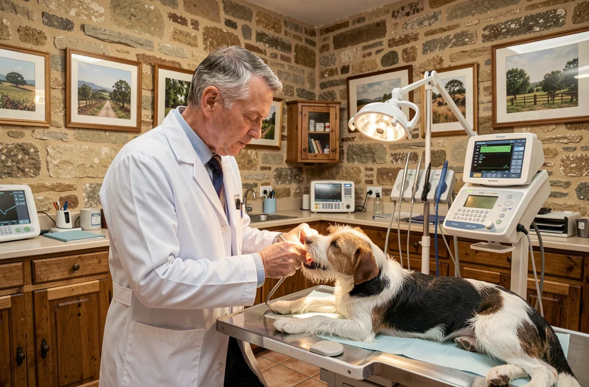 Un vétérinaire réalise un examen dentaire sur un terrier dans la clinique SELARL de Blaye
