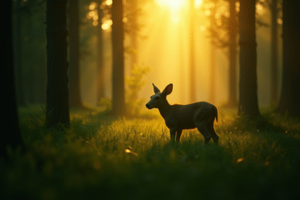Silhouette mystérieuse d'un animal dans une forêt verte au lever du soleil