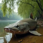 Silure géant partiellement immergé dans les eaux troubles d'une rivière européenne, avec ses longs barbillons et son corps massif de près de trois mètres