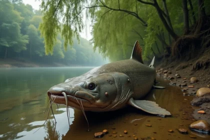 Silure géant partiellement immergé dans les eaux troubles d'une rivière européenne, avec ses longs barbillons et son corps massif de près de trois mètres