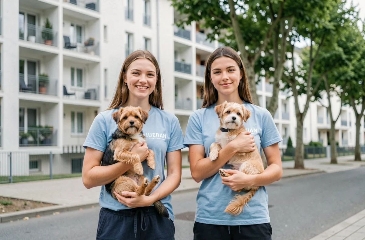 Sisters Pets à Villeurbanne, deux gardiennes d'animaux tenant des chiens devant un immeuble résidentiel