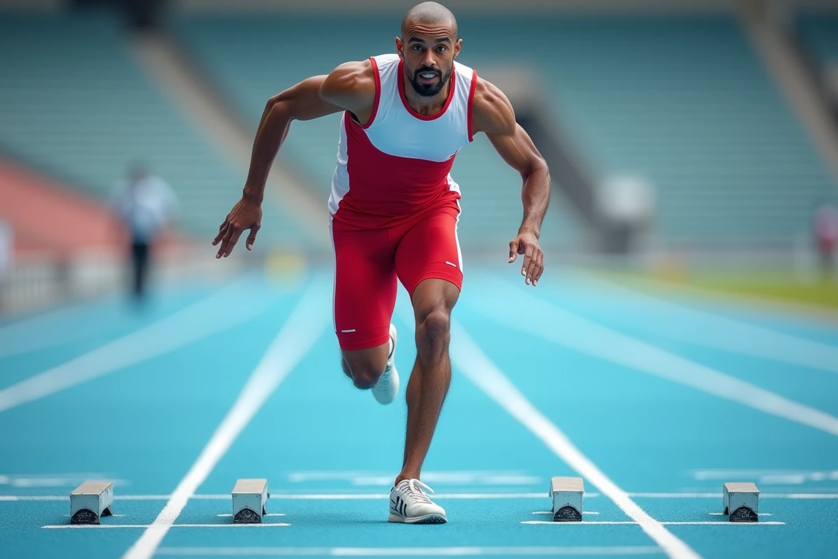 Sprinteur professionnel au départ d'une course d'athlétisme, en plein effort explosif sur une piste bleue