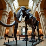 Squelette de mammouth laineux exposé dans un musée d'histoire naturelle, avec ses défenses incurvées imposantes montées sur armature métallique