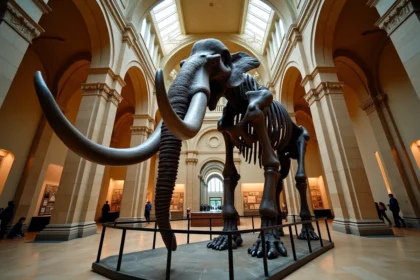 Squelette de mammouth laineux exposé dans un musée d'histoire naturelle, avec ses défenses incurvées imposantes montées sur armature métallique