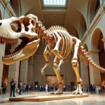Squelette de Tyrannosaurus rex exposé dans un musée d'histoire naturelle, vue en contre-plongée dramatique