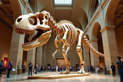 Squelette de Tyrannosaurus rex exposé dans un musée d'histoire naturelle, vue en contre-plongée dramatique