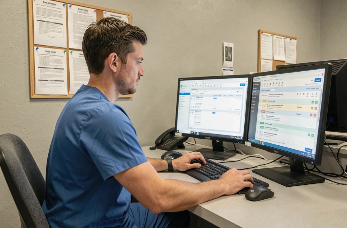 Technicien vétérinaire gérant les rendez-vous et dossiers animaux sur un logiciel de clinique vétérinaire