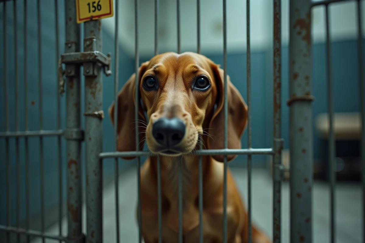 Teckel triste dans une cage de refuge animalier avec une étiquette numérotée, illustrant la hausse des abandons liée à l'effet de mode