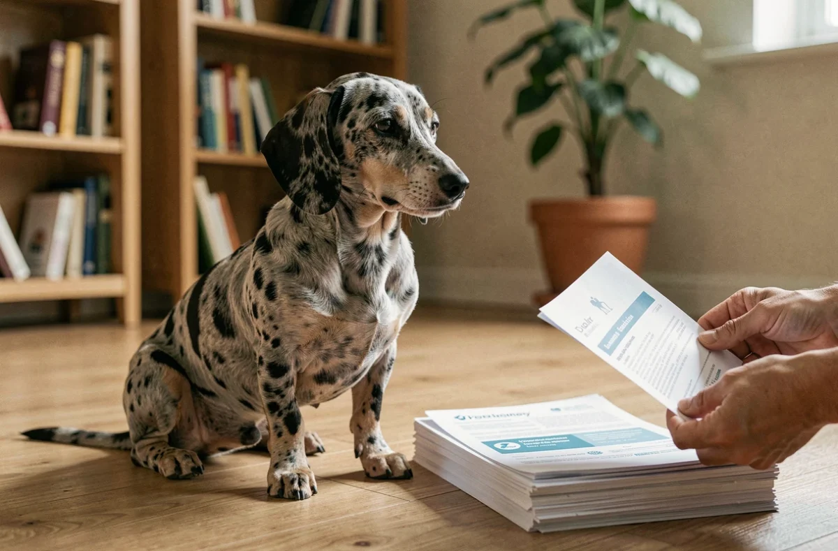 Teckel arlequin assis près de documents d'assurance santé animale à domicile
