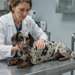 Vétérinaire examinant un teckel arlequin sur une table de consultation pour dépistage de santé