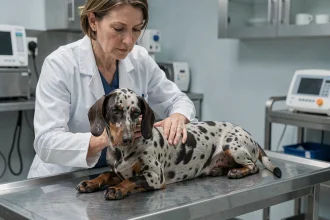 Vétérinaire examinant un teckel arlequin sur une table de consultation pour dépistage de santé