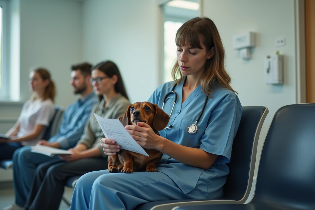 Propriétaire d'un teckel en salle d'attente vétérinaire avec des factures médicales, le chien portant un collier de convalescence, illustrant le budget vétérinaire élevé