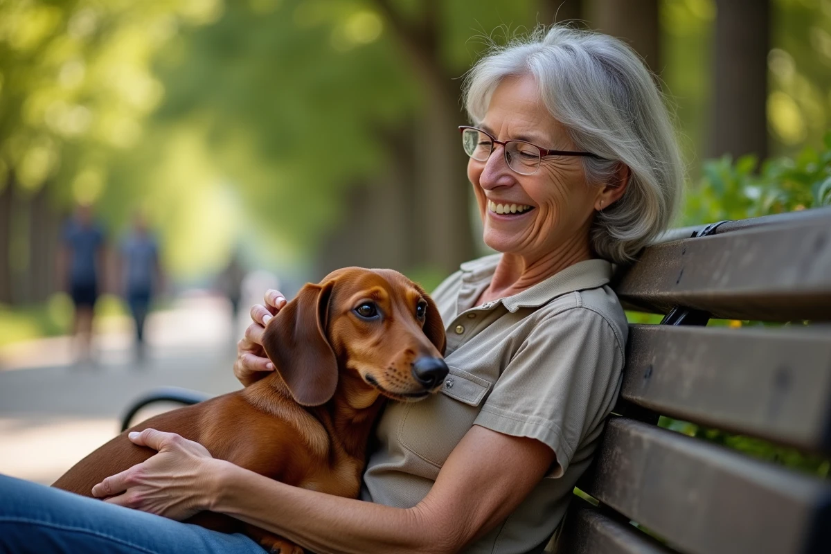 Femme souriante tenant un teckel heureux dans ses bras sur un banc de parc, illustrant que ce chien formidable n'est pas fait pour tout le monde mais peut être un compagnon idéal