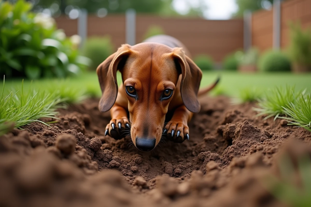 Teckel creusant activement un trou dans un parterre de jardin avec de la terre projetée autour, illustrant son comportement compulsif de fouisseur