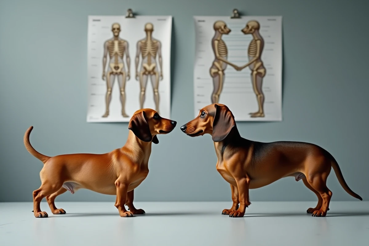 Comparaison entre un teckel ancien de type travail et un teckel moderne à morphologie extrême, illustrant le débat éthique sur la sélection morphologique extrême