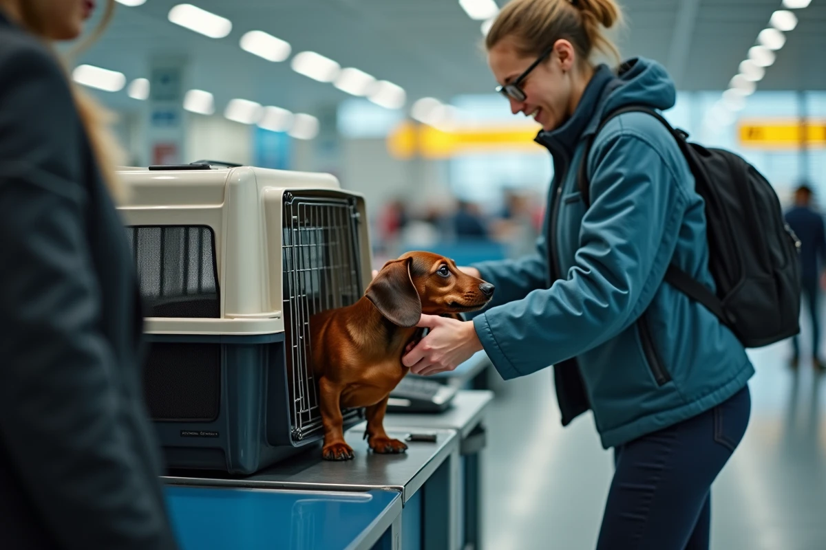 Propriétaire essayant de faire entrer son teckel dans une cage de transport d'avion trop courte à un comptoir d'aéroport, illustrant les défis liés au gabarit trompeur