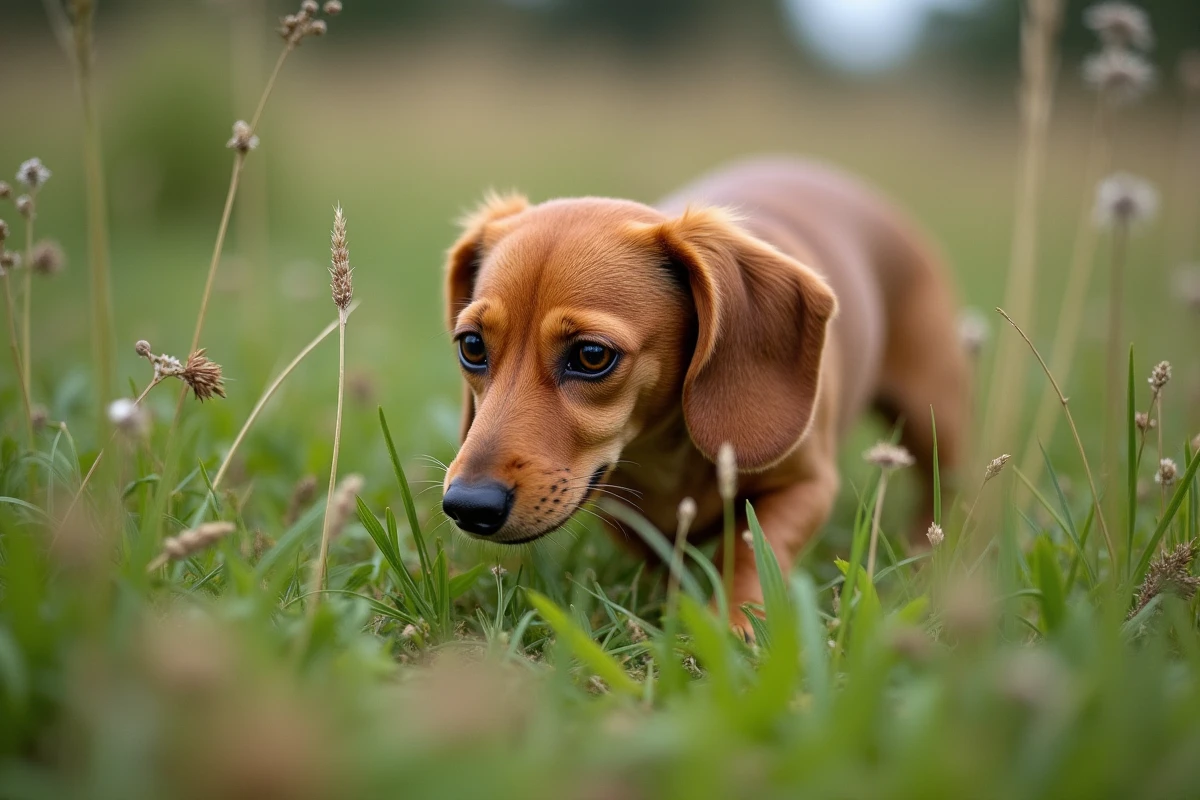 Teckel à poil dur en position de traque dans un champ herbeux, illustrant son instinct de chasse puissant et difficile à canaliser