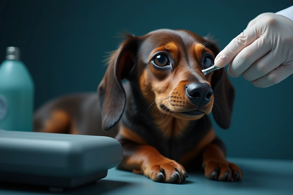 Vétérinaire examinant l'œil d'un teckel avec un ophtalmoscope, l'œil montrant un début de cataracte, illustrant les prédispositions aux maladies oculaires