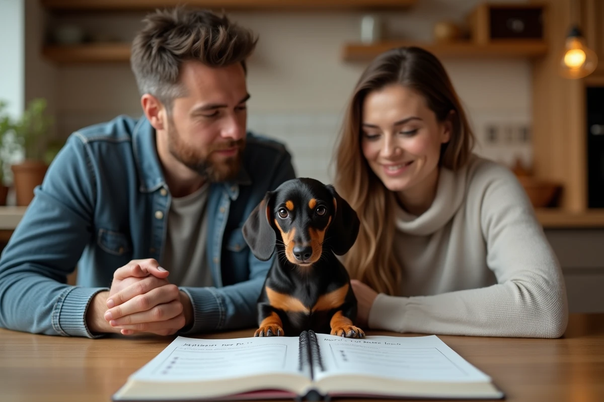 Couple réfléchissant sérieusement à l'adoption d'un teckel assis sur la table avec une liste de critères, illustrant la réflexion approfondie nécessaire avant l'adoption