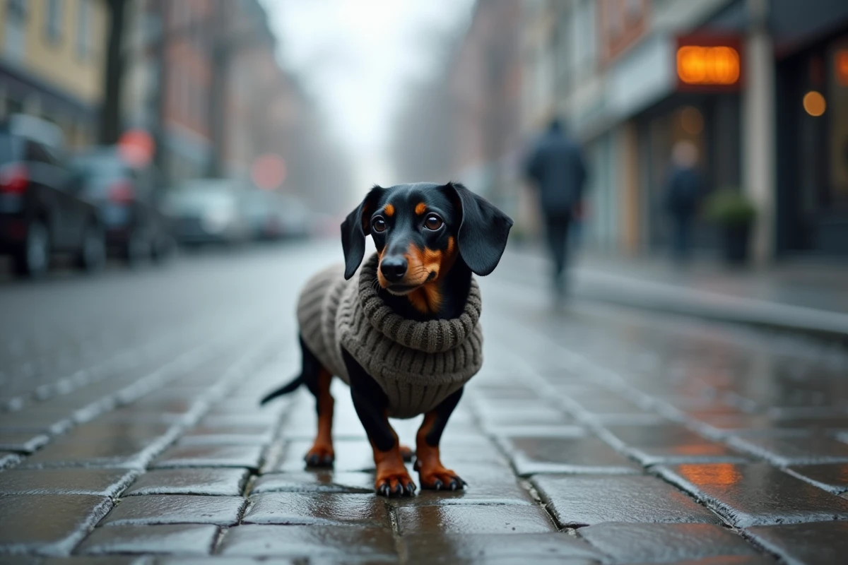 Teckel frissonnant sous la pluie sur un trottoir mouillé, illustrant sa sensibilité au froid et à l'humidité