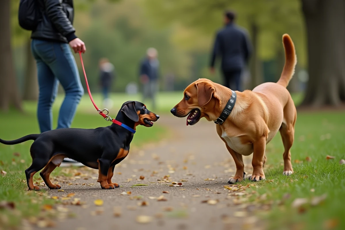 Teckel au garrot hérissé face à un grand chien dans un parc, illustrant les difficultés de socialisation de la race avec les autres chiens