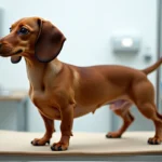 Teckel miniature adulte en position de présentation sur une table vétérinaire illustrant les critères morphologiques du standard de race