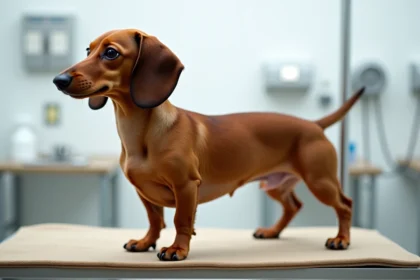Teckel miniature adulte en position de présentation sur une table vétérinaire illustrant les critères morphologiques du standard de race