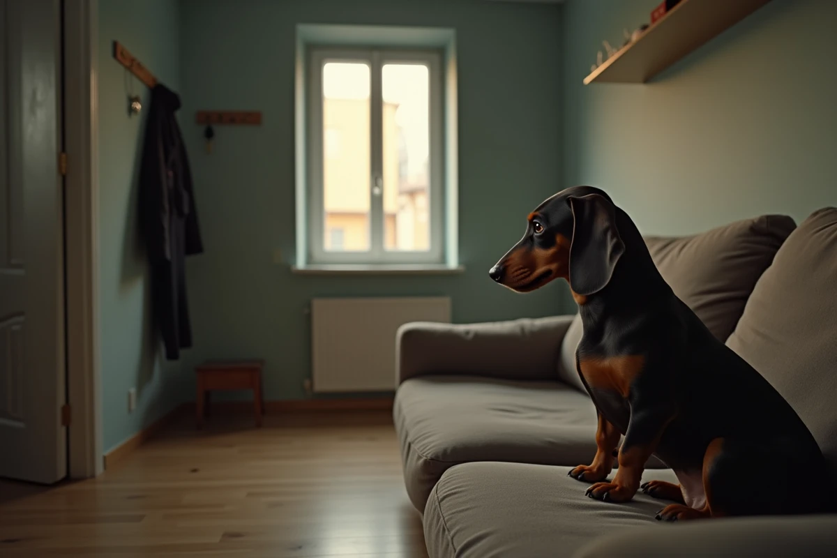 Teckel seul sur un canapé fixant la porte d'entrée avec une expression anxieuse, un coussin mâché à ses côtés, illustrant son intolérance à la solitude