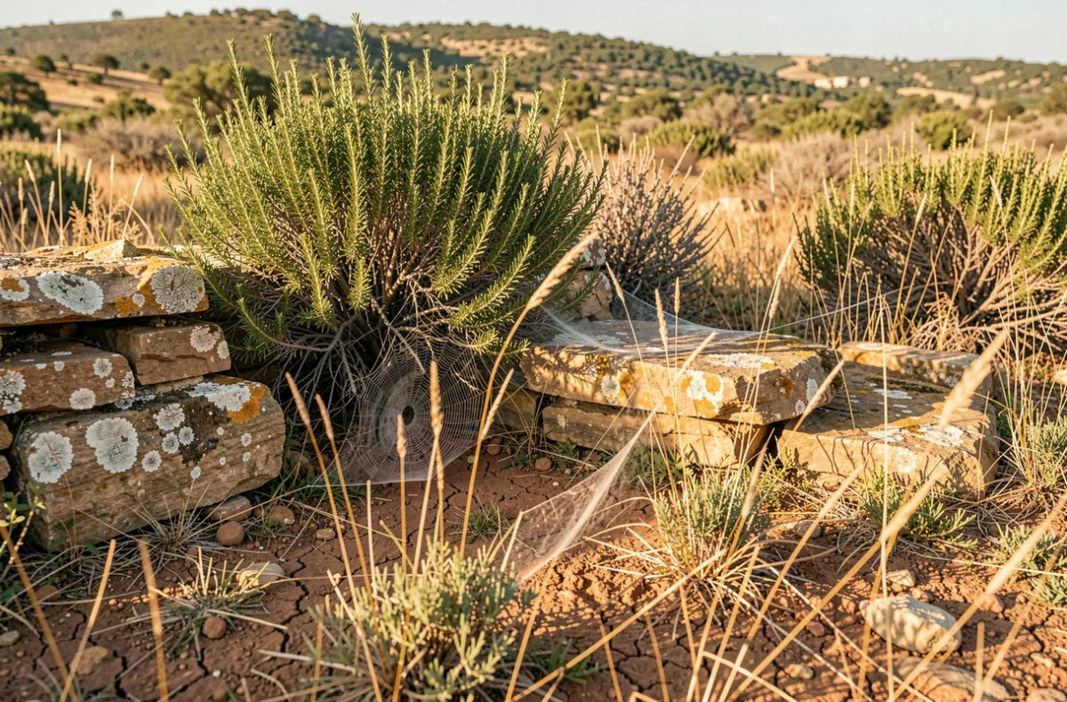 Toile en entonnoir d'araignée Segestria florentina dans un paysage de garrigue languedocienne, habitat naturel des espèces invasives du sud de la France