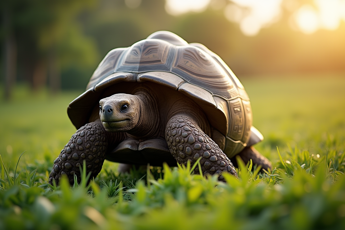 Tortue géante des Galapagos marchant dans la verdure au matin