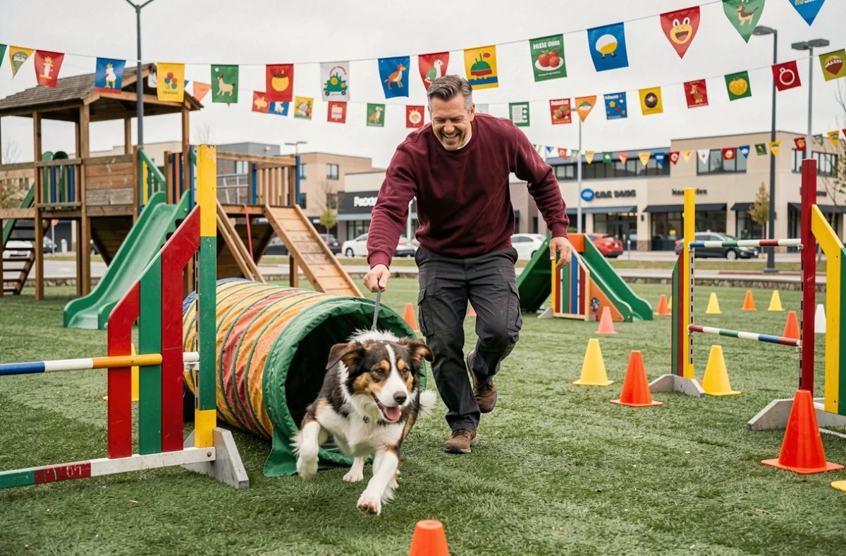Dresseur d'Un Max de R'êve animant une activité animalière avec un chien sur un parcours agility coloré en extérieur