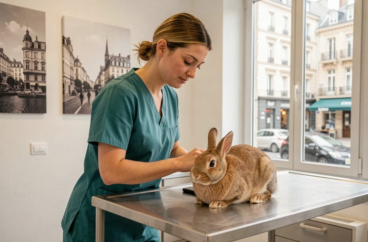 Vétérinaire en milieu urbain soignant un lapin dans la clinique URBIVETO à Bordeaux