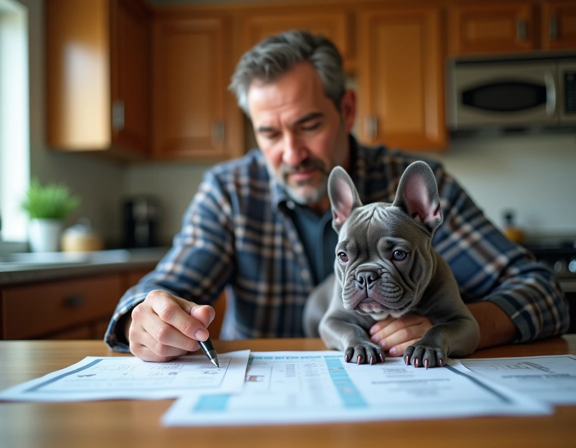 Propriétaire vérifiant les documents de pedigree d'un bouledogue français bleu, conseils pour identifier un éleveur sérieux