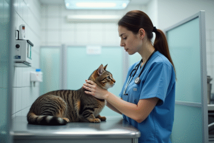 Vétérinaire examinant un chat dans une clinique propre