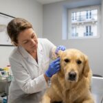 Vétérinaire parisienne examinant un golden retriever dans une clinique vétérinaire moderne à Paris