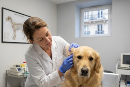 Vétérinaire parisienne examinant un golden retriever dans une clinique vétérinaire moderne à Paris