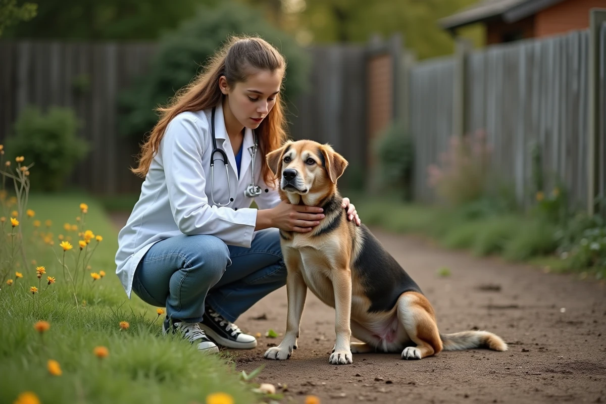 Vétérinaire examinant des déjections de renard avec un chien