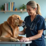 Vétérinaire rassurant un chien dans une clinique animale