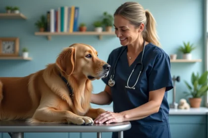 Vétérinaire rassurant un chien dans une clinique animale